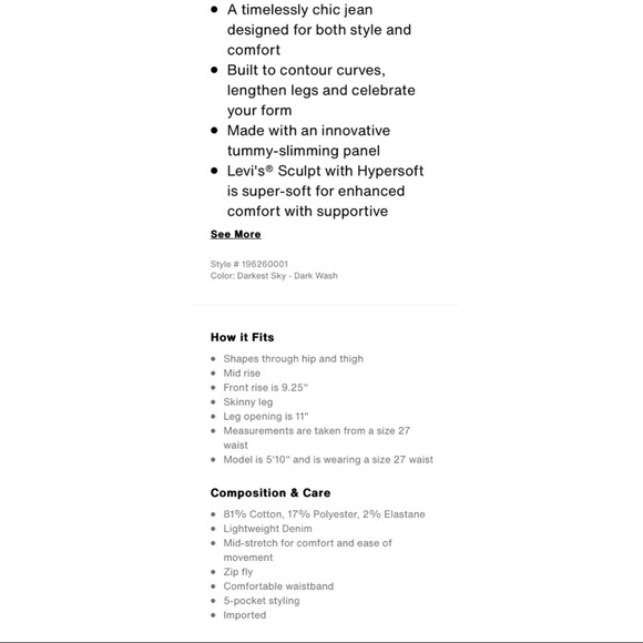 Levi’s 311 Dark Blue Shaping Skinny-LONG- NWT - Picture 4 of 12